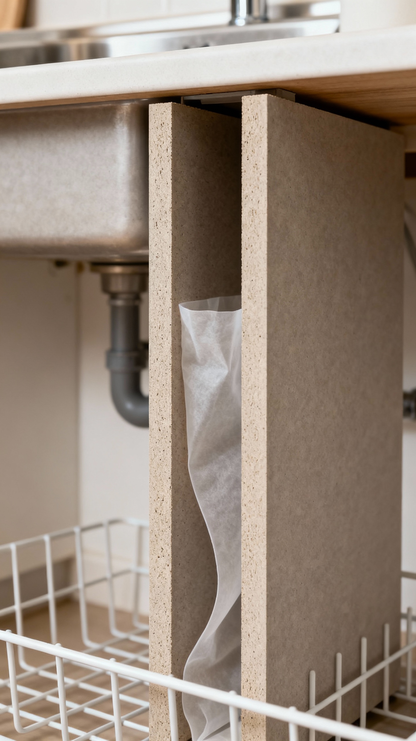 Under-sink vertical rack with composite boards, moisture liner