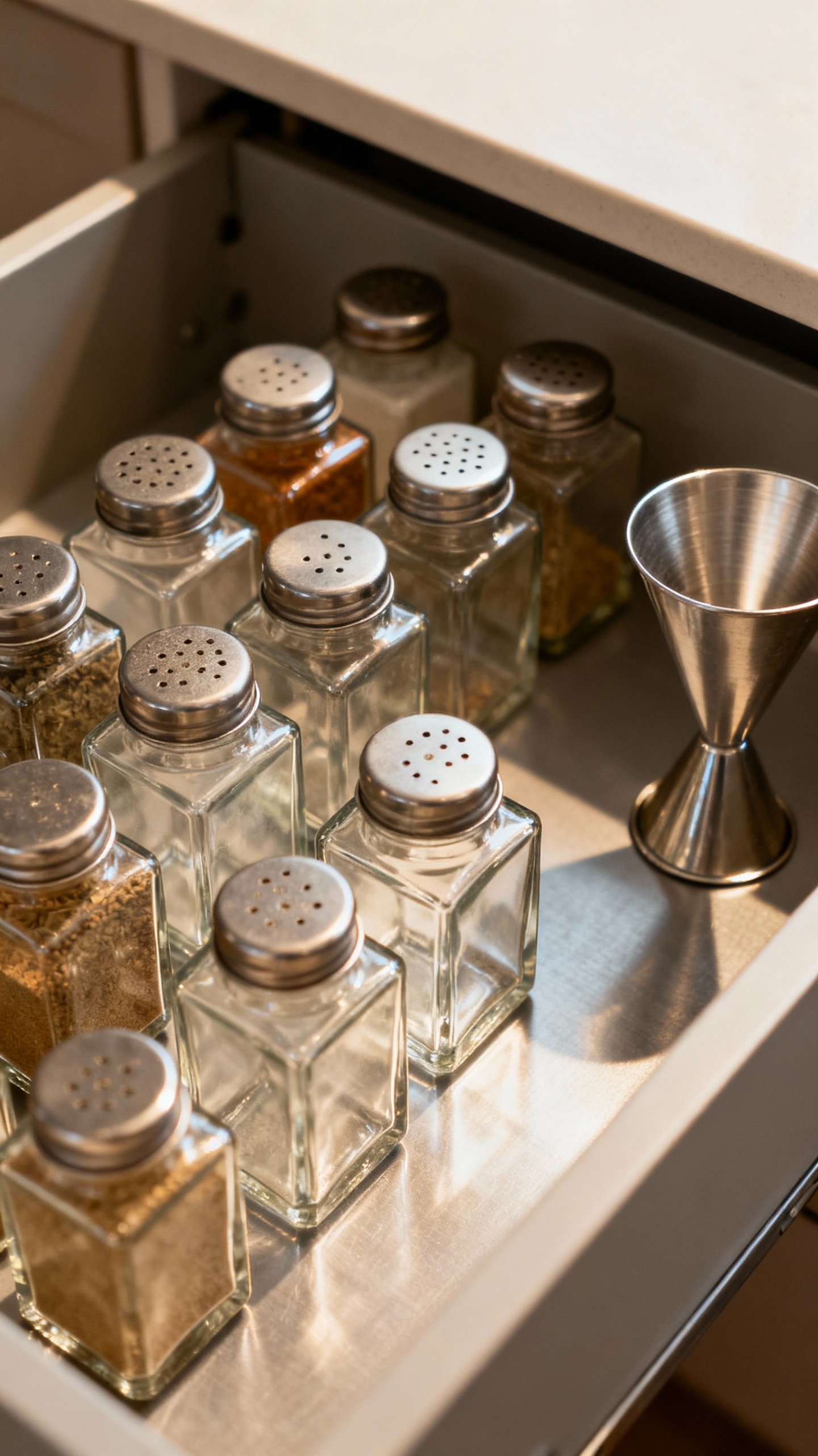 Uniform spice jars in drawer, square glass, metal shaker tops, funnel nearby