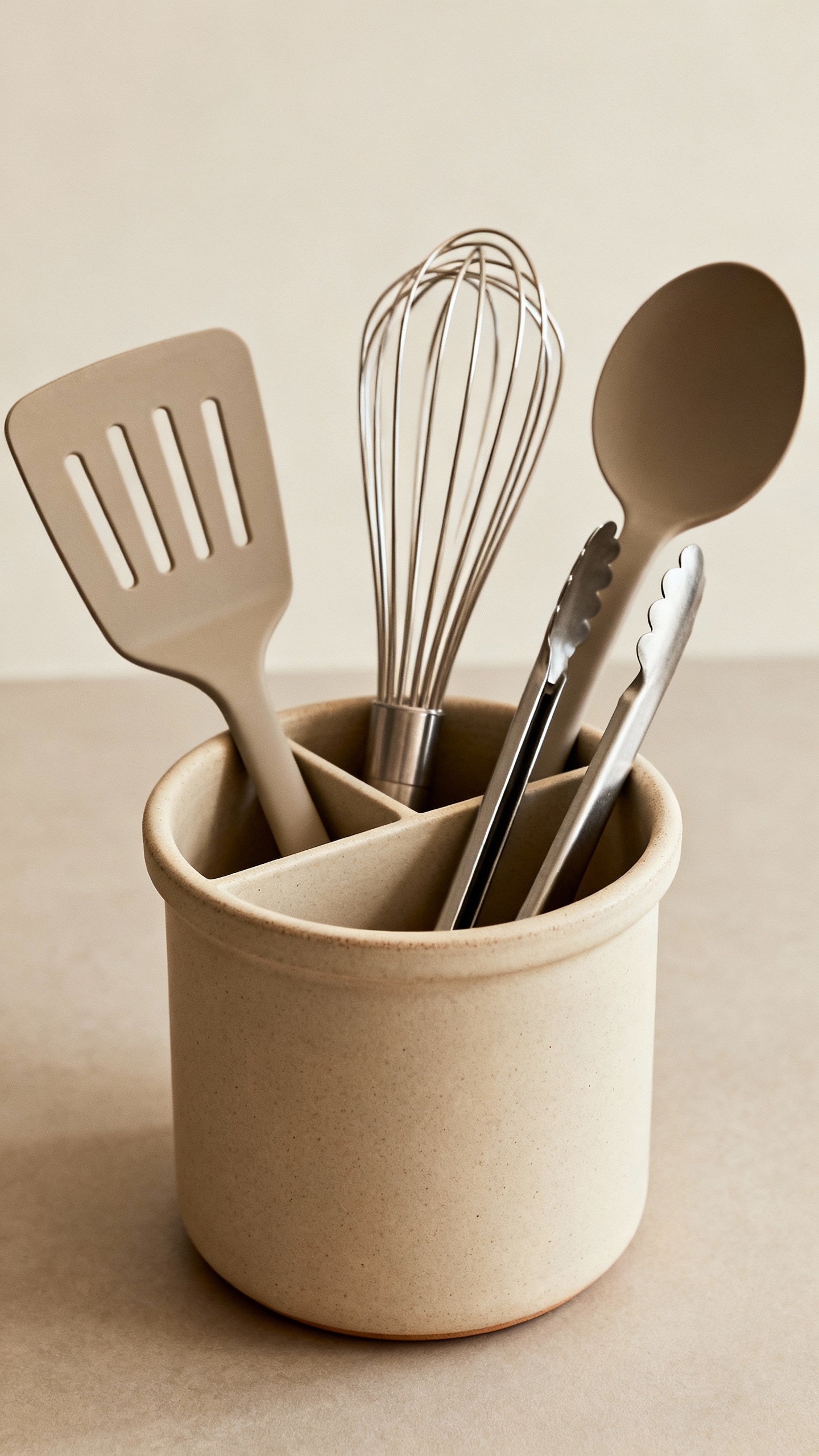 Weighted ceramic utensil crock with dividers, spatula tongs front, whisk ladle back